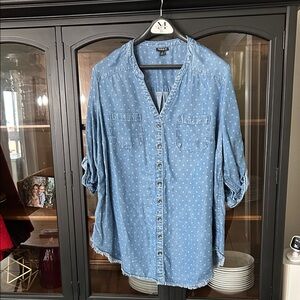 Torrid Blue Denim Top with White Patterns